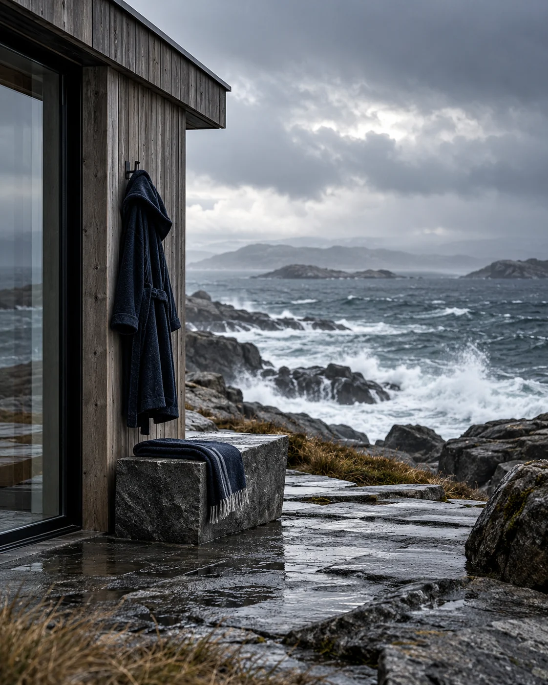 A weather robe worn on an exposed Norwegian coastline