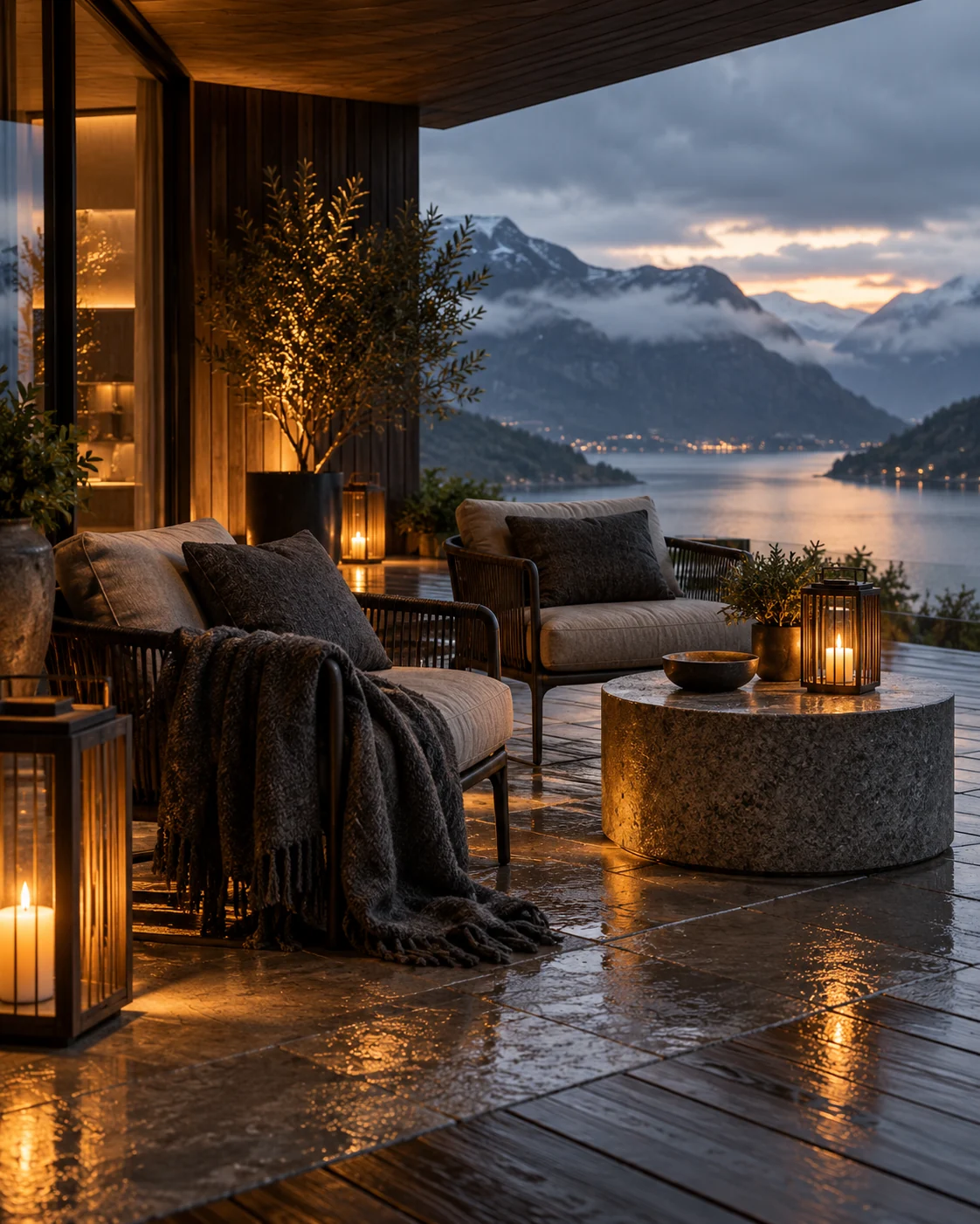 A lantern-lit Norwegian terrace overlooking a fjord